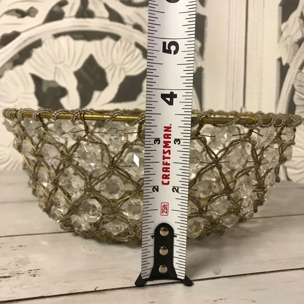 Rustic Vintage Wire Beaded Basket with Crystal Accents, Gold-Tone Tabletop Decor